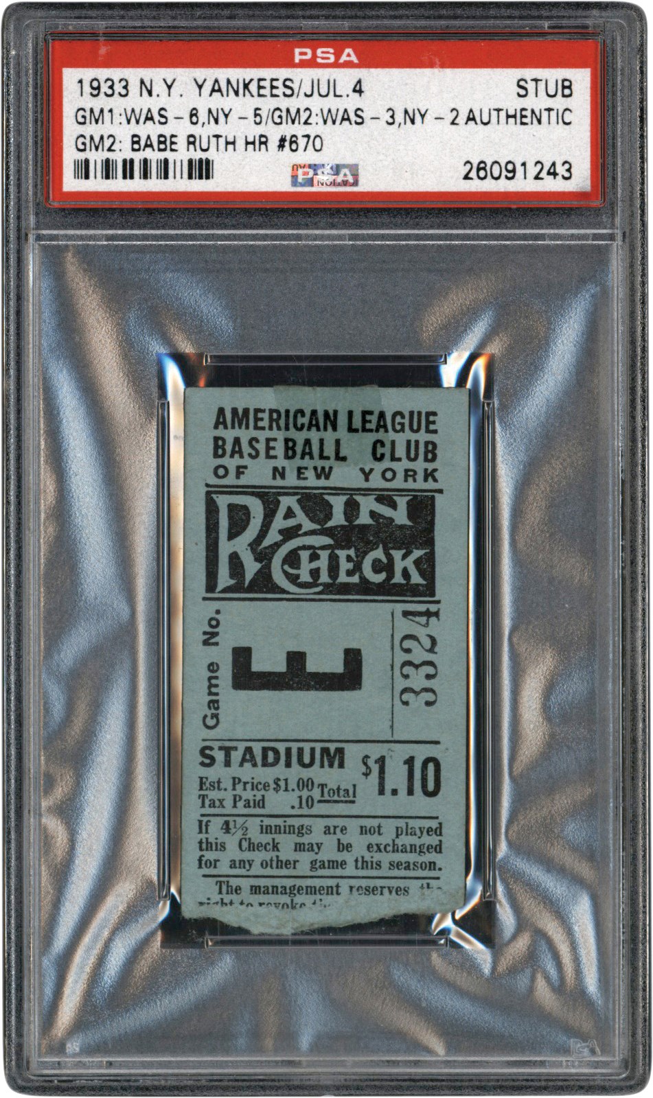 - 1933 New York Yankees July 4th Ticket Stub - Babe Ruth Career Home Run #670 (PSA)