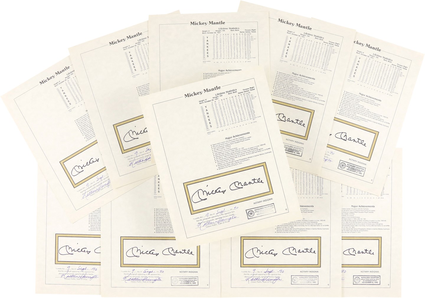 - Mickey Mantle Signed Notarized Stat Sheets (10)