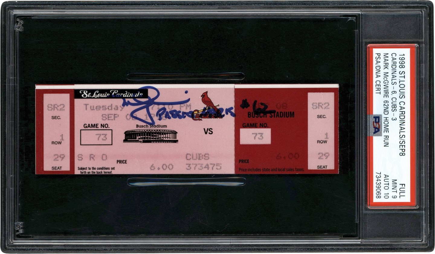- 1998 Mark McGwire Signed 62nd Home Run Full Ticket - "Passes Maris #62" PSA MINT 9 Auto 10 (Highest Graded)