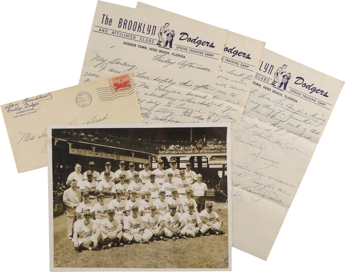 - 1951 Dan Bankhead Handwritten Letter to Wife w/Original Dodgers Team Photograph Plus Other Related Material