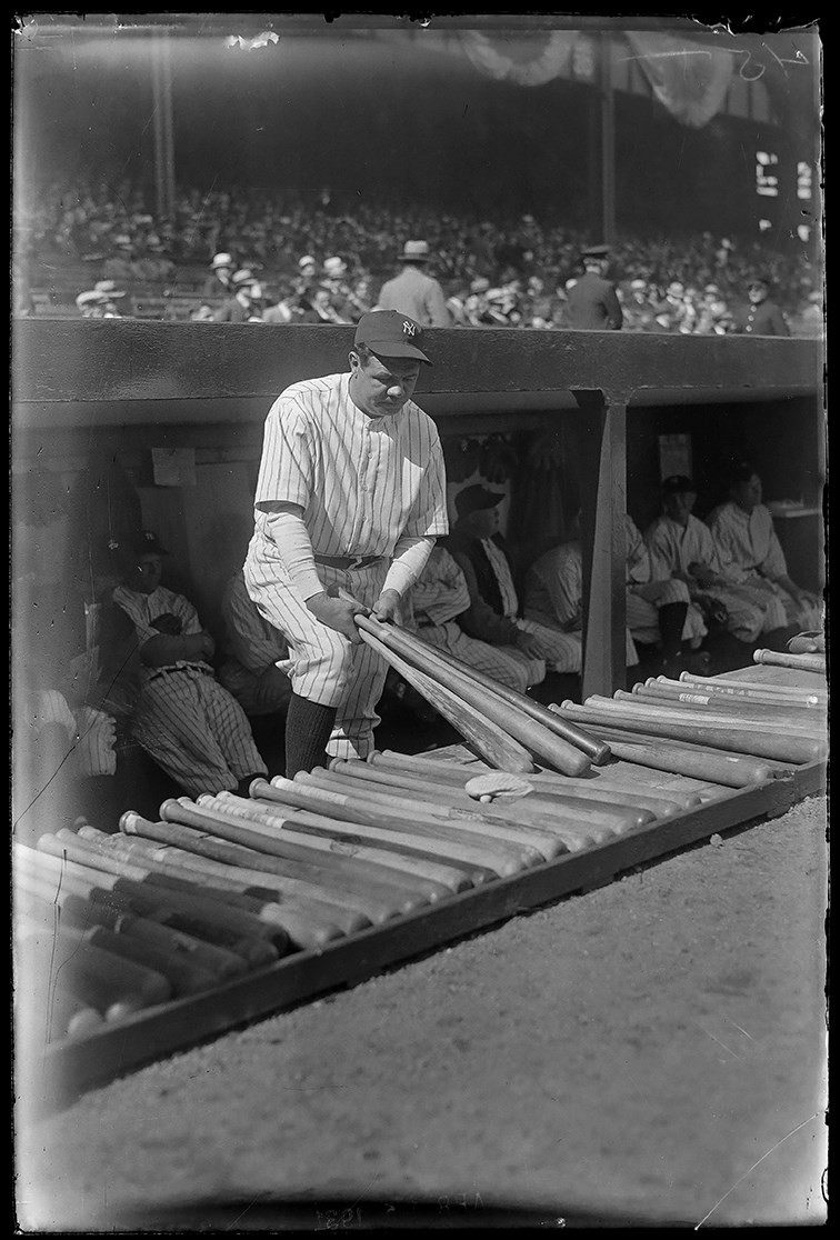 - 1931 Babe Ruth Holding Bats in Dugout Original Glass Plate Negative