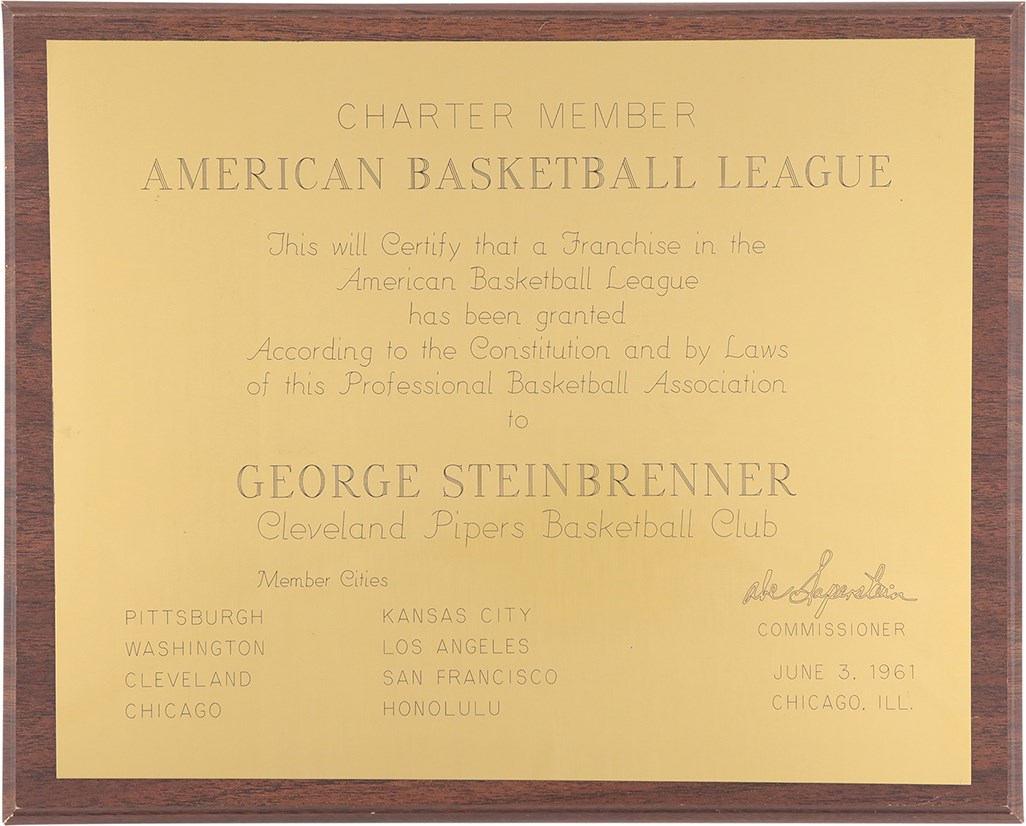 - 1961 Cleveland Pipers ABL Charter Membership Plaque Presented to George Steinbrenner