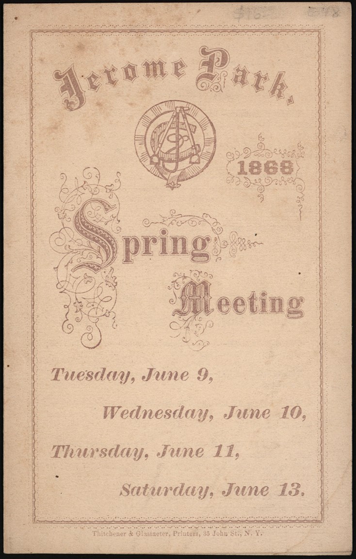 Horse Racing - 1868 Spring Meeting Jerome Park Program