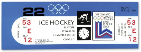 Hockey Memorabilia - 1980 Olympics Team USA “Miracle On Ice” Game Full Ticket