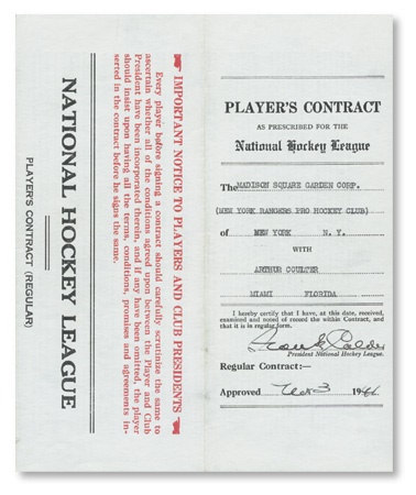 Hockey Memorabilia - 1941 Art Coulter NHL Contract signed by Frank Calder & Lester Patrick