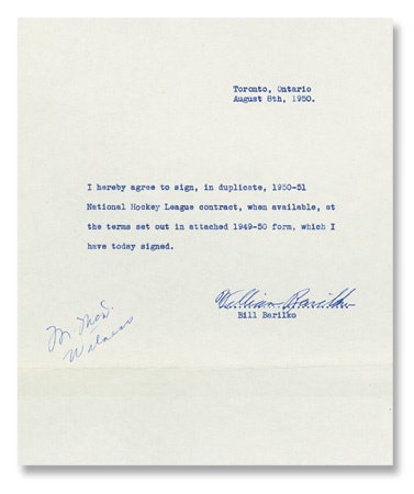 - 1950 Bill Barilko Signed Letter
