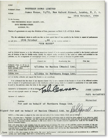 Beatles Autographs - John Lennon Publishing Agreement