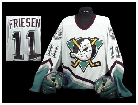 Hockey Sweaters - Jeff Friesen Game Worn Mighty Ducks Jersey and Gloves