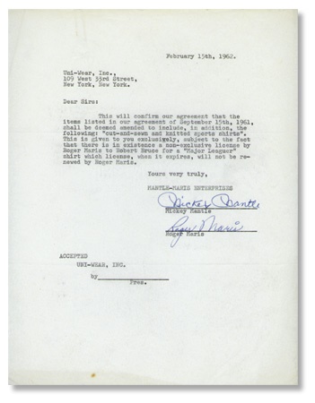 1962 Mickey Mantle and Roger Maris Signed Agreement