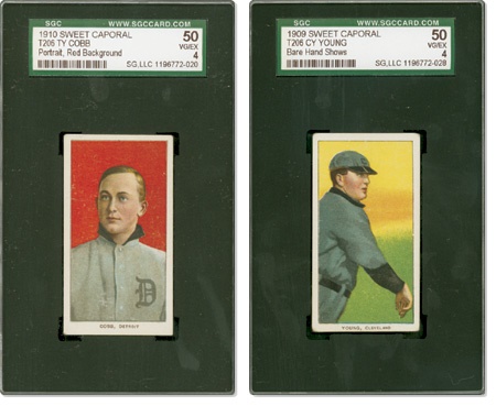 - T206 Ty Cobb Portrait (Red) and Cy Young Bare Hand Shows SGC 50