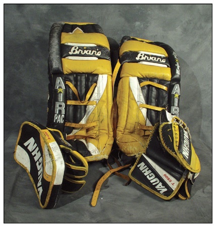 Hockey Equipment - John Grahame Boston Bruins Game Worn Pads, Blocker & Catcher