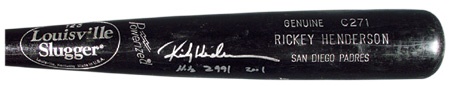 Bats - 2001 Ricky Henderson Autographed 2,991st Hit Bat (34”)