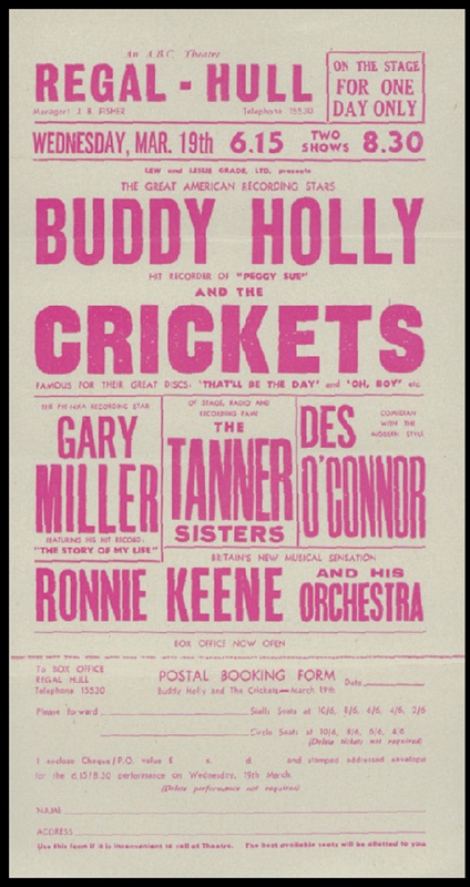 1959 Buddy Holly & The Crickets Regal-Hull Handbill (5.5x10")