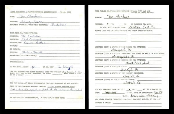 Football - 1981 & 1982 Joe Montana San Francisco 49ers Questionnaires (2)