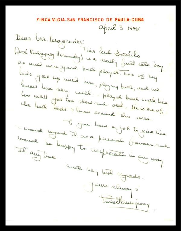 Sports Autographs - Ernest Hemingway Handwritten Letter with Baseball Content