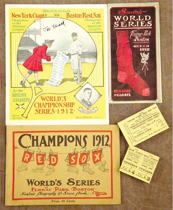 Baseball Publications and Tickets - 1912 World Series Programs (2) and Press Ticket
