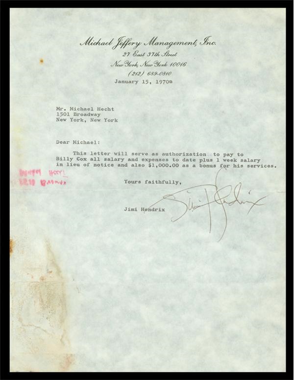 1970 Jimi Hendrix Signed Letter