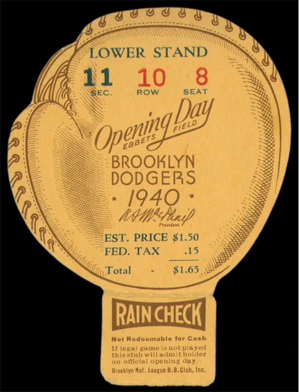1940 Brooklyn Dodgers Opening Day Ticket