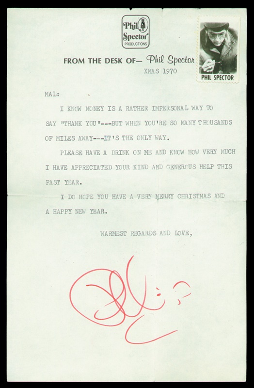 The Beatles - Phil Spector Snorting Cocaine Signed Christmas Card to Mal Evans