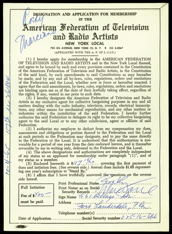 - 1965 Rocky Marciano Signed A.F.T.R.A. Contract (6x9")