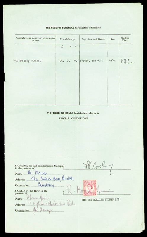 Rolling Stones - Rolling Stones 1966 Colston Hall Concert Contract