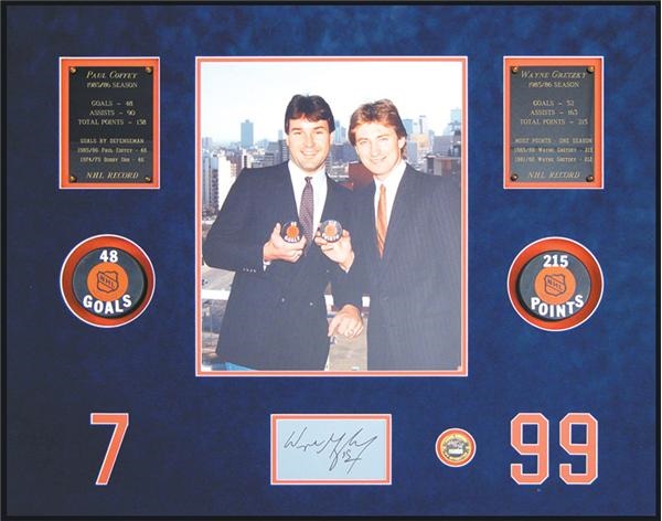 Wayne Gretzky’s 215th Point & Paul Coffey’s 48th Goal Milestone Display with Pucks from the Photo Shoot!