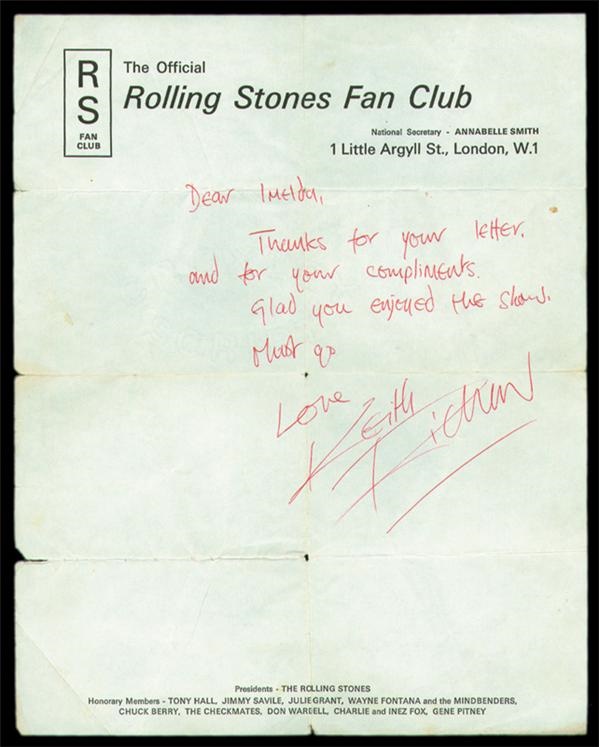 Rolling Stones - Keith Richards Signed Fan Club Letter (8x10")