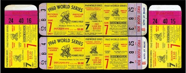 Clemente and Pittsburgh Pirates - 1960 Bill Mazeroski World Series Game 7 Full Tickets (2) & Stubs (2)