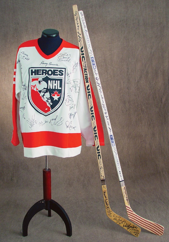 - Collection of Hall of Fame Signed Sticks and Jersey (3)