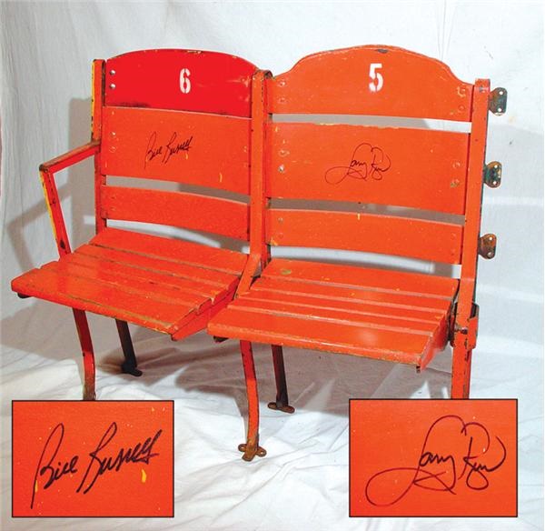 - Boston Garden Double Seat Signed by Bill Russell and Larry Bird with Parquette
