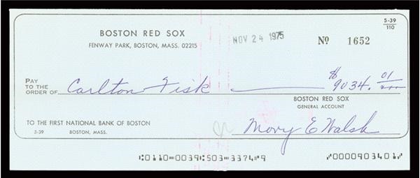 Boston Sports - 1975 Carlton Fisk Signed World Series Share Check