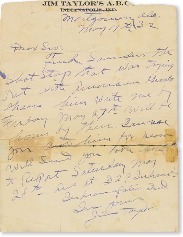 Baseball Memorabilia - 1932 Jim Taylor Handwritten Letter (8x10”)