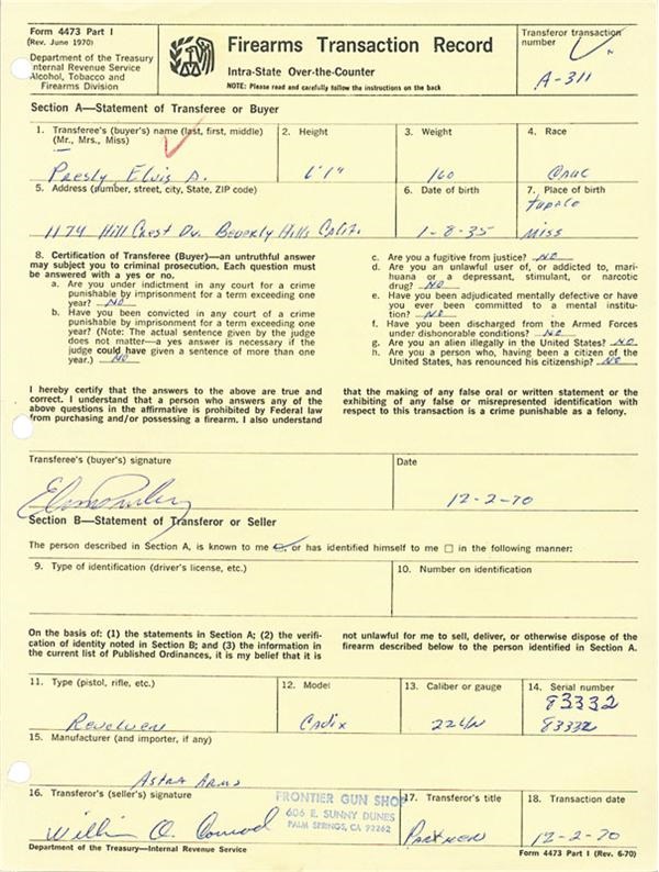 Elvis Presley Signed 1970 Gun Permit