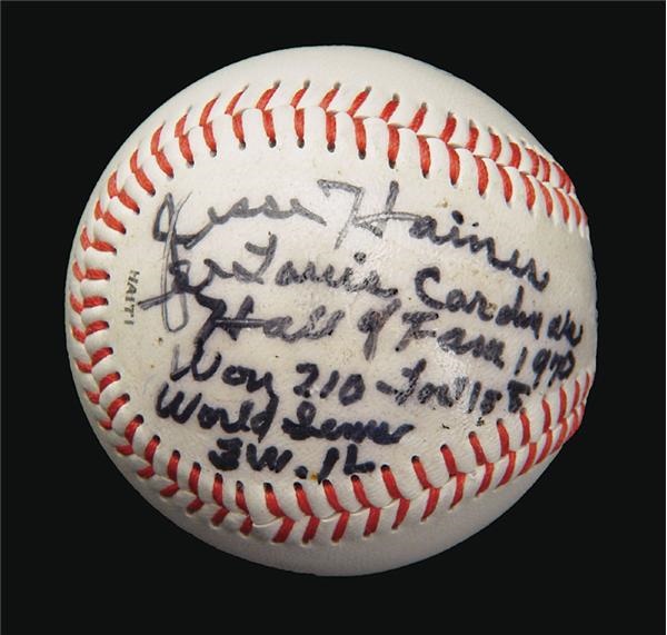 Brian Strum Collection - Jesse Haines Autographed & Inscribed Baseball