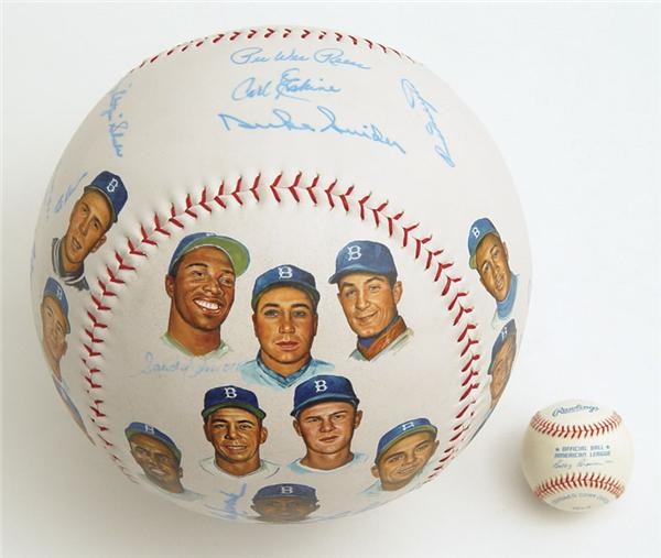Brian Strum Collection - Large Hand Painted 1955 Brooklyn Dodgers Signed Baseball
