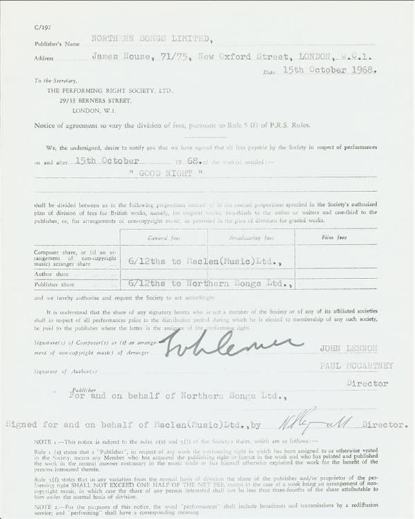 The Beatles - John Lennon Signed Publishing Agreement for “Good Night”