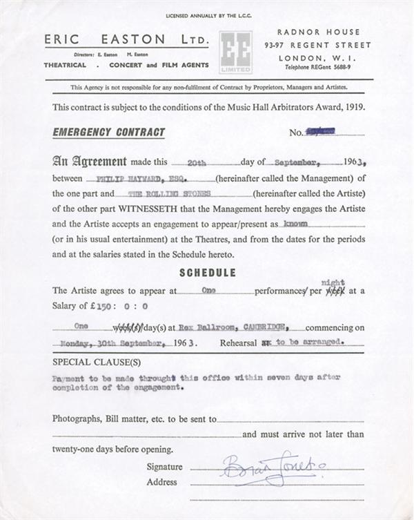 Rolling Stones - Brian Jones Signed 1963 Performance Contract