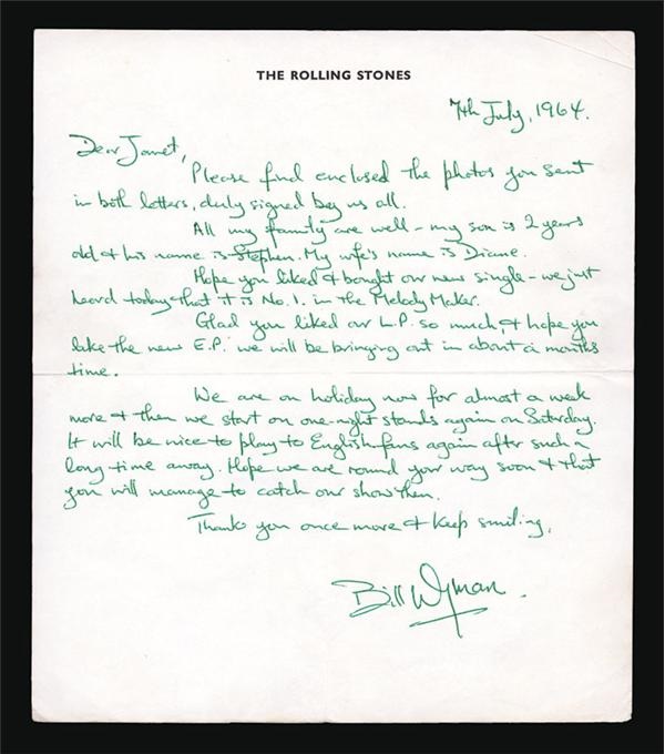 Rolling Stones - Bill Wyman Handwritten Letter (7x8")