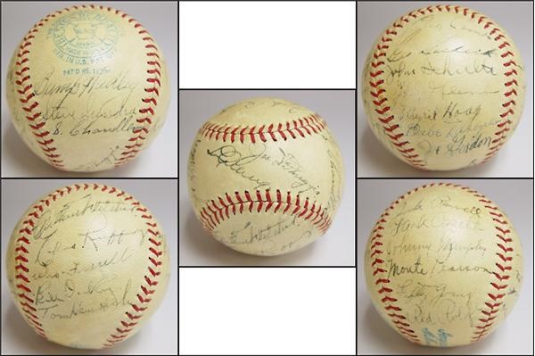 NY Yankees, Giants & Mets - 1938 New York Yankees Team Signed Baseball With Gehrig & DiMaggio On The Sweet Spot