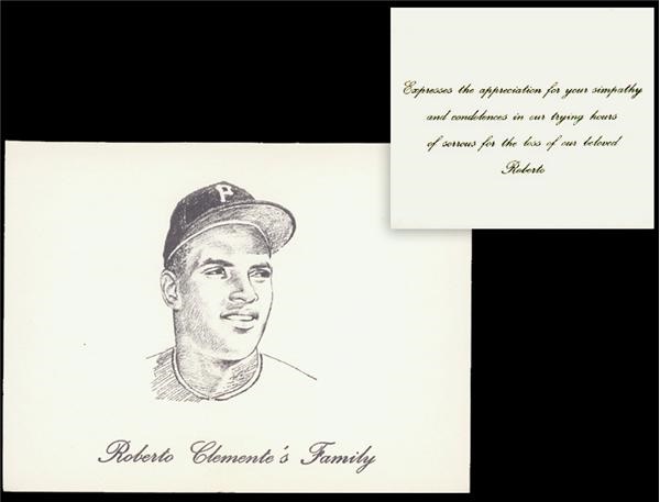 Clemente and Pittsburgh Pirates - 1973 Roberto Clemente Family Sympathy Card