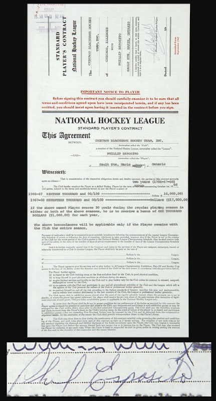 Hockey Memorabilia - Phil Esposito's Signed 1966, 67,68 Contract
