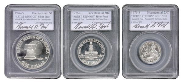 Americana Autographs - Gerald Ford Bicentennial Signed Coin Set (3)