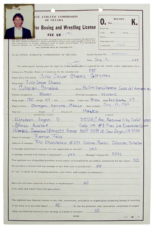 1985 Julio Cesar Chavez Boxing License