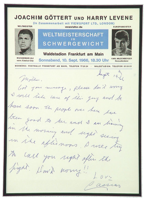 - 1966 Cassius Clay Handwritten Letter to His Mother