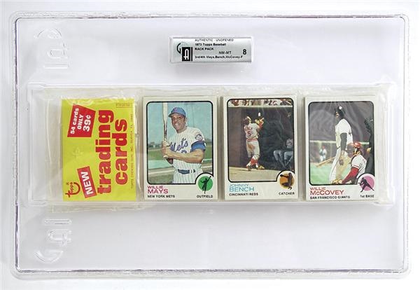 Unopened Cards - 1973 Topps Baseball Rack Pack w/ Mays, Bench, McCovey GAI 8