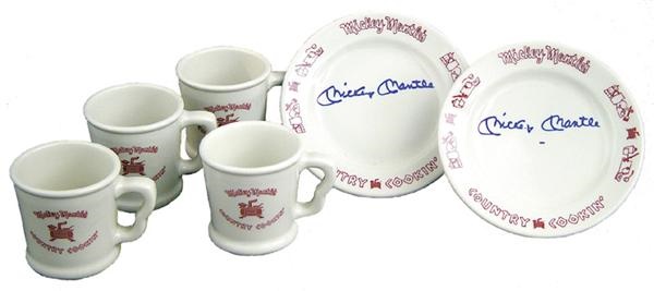 Mantle and Maris - Mickey Mantle Signed Country Cookin' Plates & Cups (6)