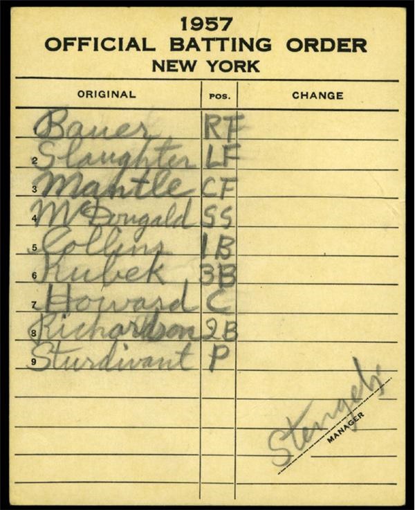 NY Yankees, Giants & Mets - 1957 New York Yankees Line Up Card with Mantle
