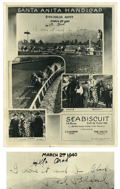 Horse Racing - Red Pollard Signed 1940 Santa Anita Handicap Victory Photo