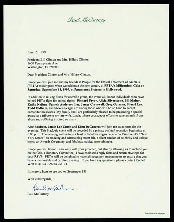 Beatles Autographs - Paul McCartney Letter To Bill Clinton