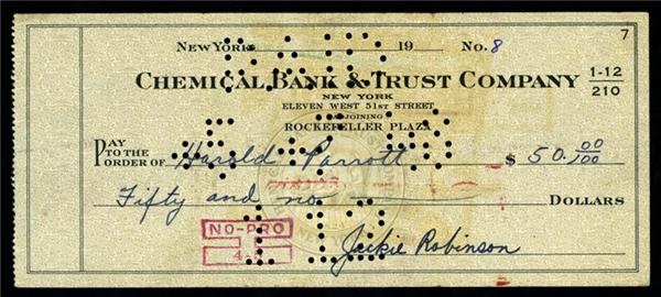 - 1948 Jackie Robinson Check To Harold Parrot
